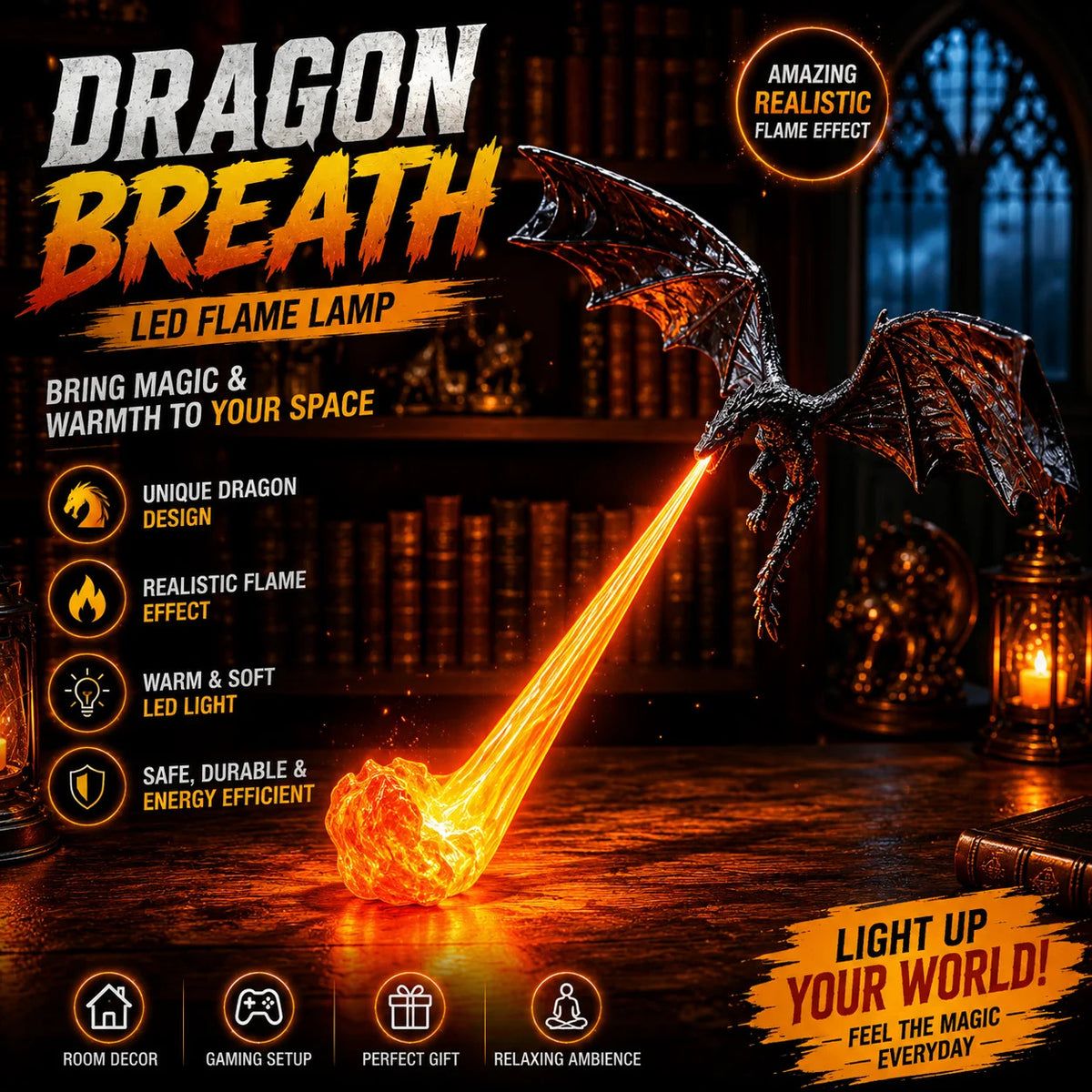 Dragon Flame Book Nook Light – 3D Printed Fire-Breathing Dragon Bookshelf Decor | Buy 1 Get 1 Free